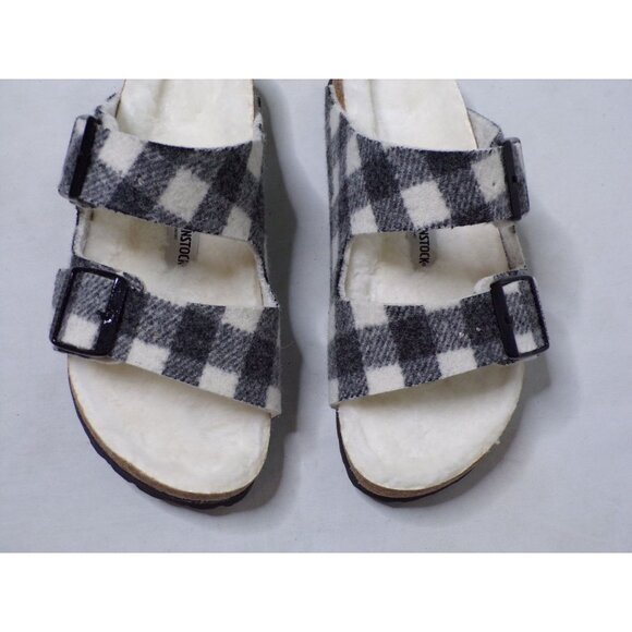 🆕BIRKENSTOCK Arizona Shearling Lined Wool Slide Sandals Black White Plaid 6-6.5 - Picture 7 of 12